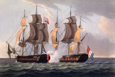1817年に初公開されたジェームスジェンキンスによる「イギリスの海軍功績、1793年から1817年まで」からJ.ジェイクスによって作成されたラプロサーパインのキャプチャ（手彩色のアクアチント）